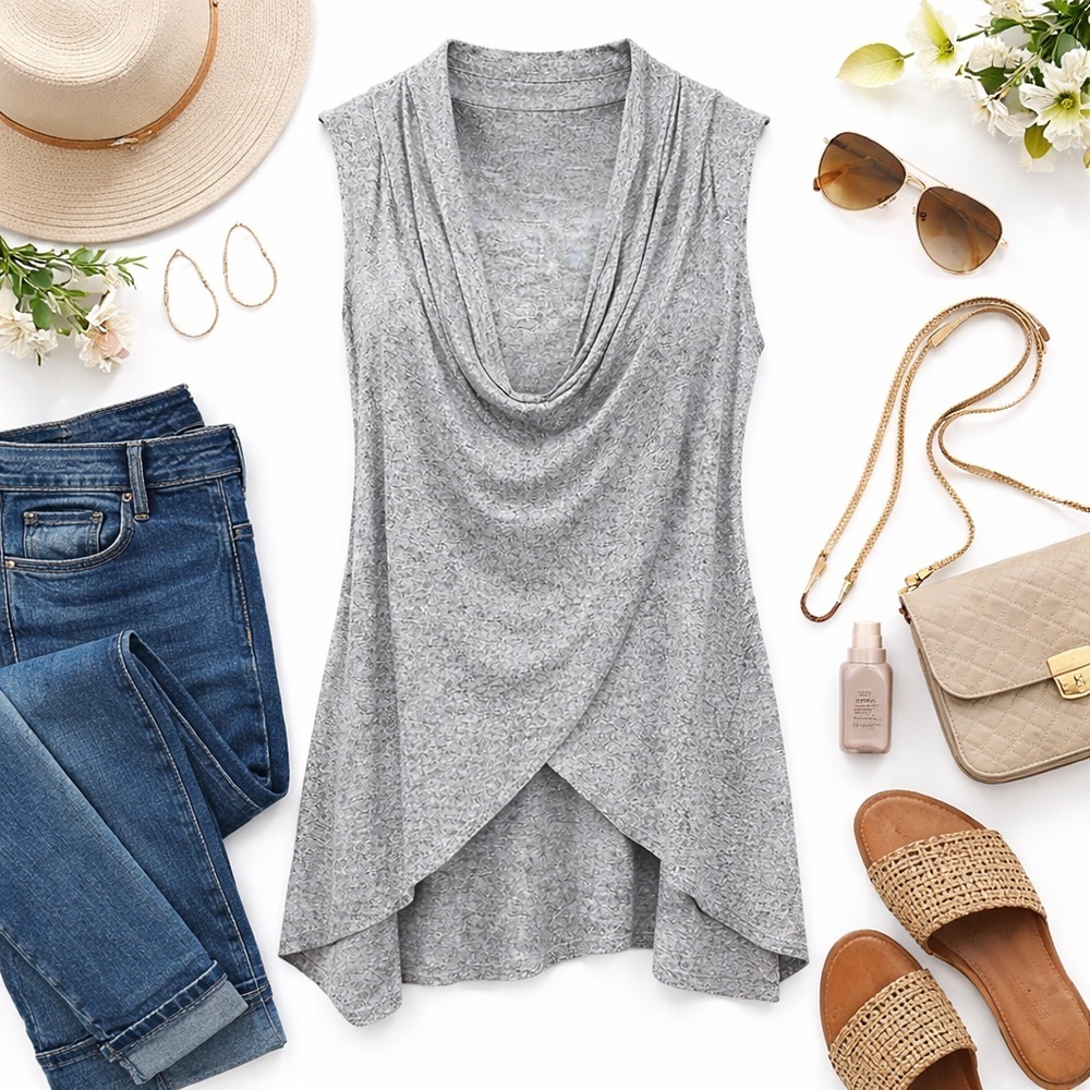 Olivia Sky | Gray Marled Sleeveless Cowl Neck Tunic Top | Rayon Blend | XL